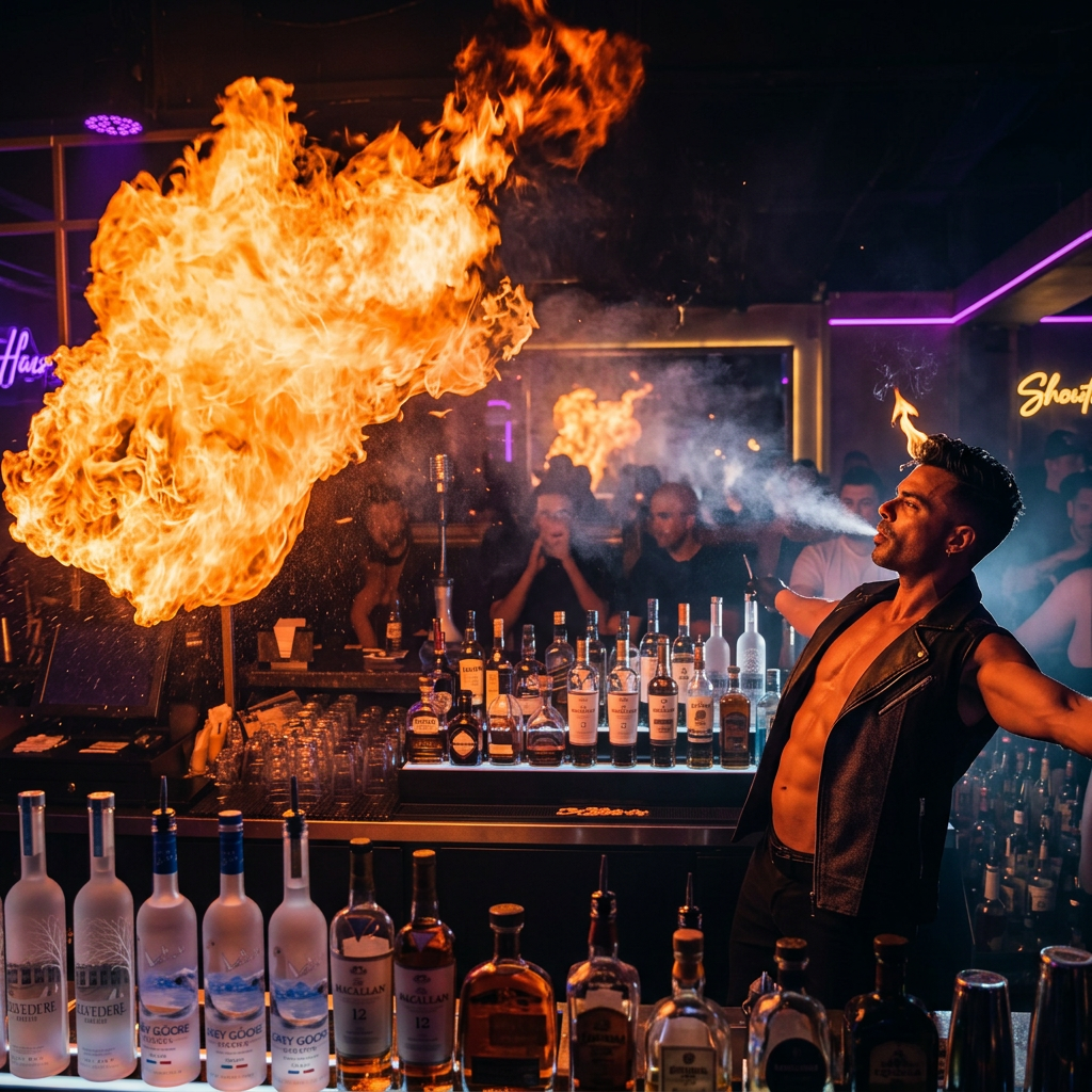 Fire show performer at the bar